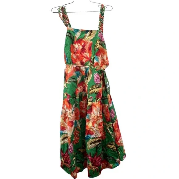 Farm Rio Green Tropicart Midi Dress Tropical Floral Print Braided Straps Large - Picture 5 of 9